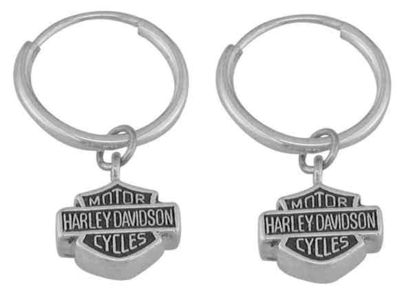 Harley-Davidson® Women's Earrings, Bar & Shield Hoop Dangles, Silver HDE0138