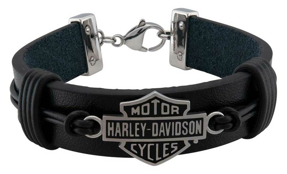 Harley-Davidson® Men's Nut & Coil Bar & Shield Leather Bracelet - Stainless Steel, HSB0233