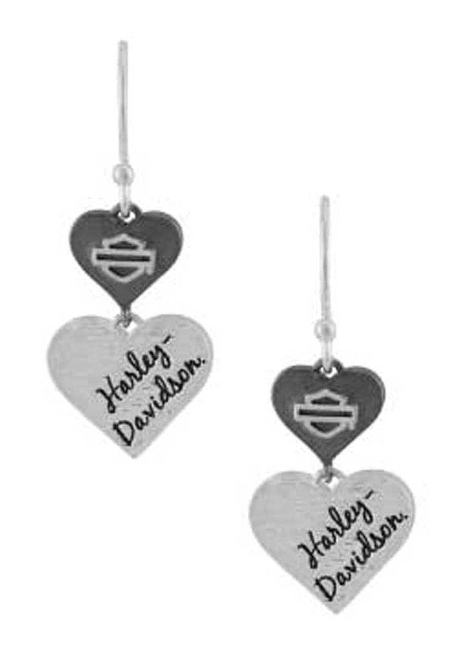 Harley-Davidson® Women's Black & Silver Double Heart Bar & Shield Drop Earrings, HDE0549