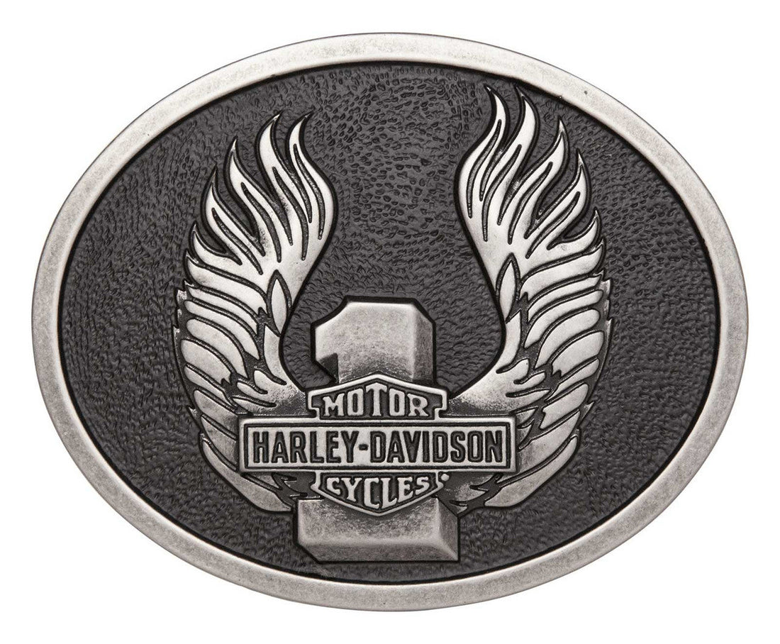 Harley-Davidson® Men's Winged #1 Logo Belt Buckle, Antique Silver Finish HDMBU11782