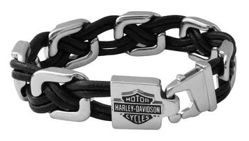 Harley-Davidson® Men's 9" Floating Links Black Leather Steel Bracelet, Silver, HSB0206